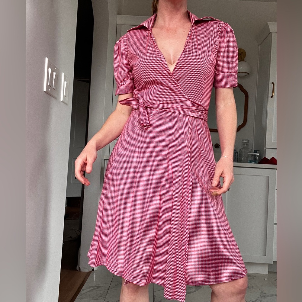 Red gingham Wrap Midi Dress - Women's stretch Casual Summer Dress
